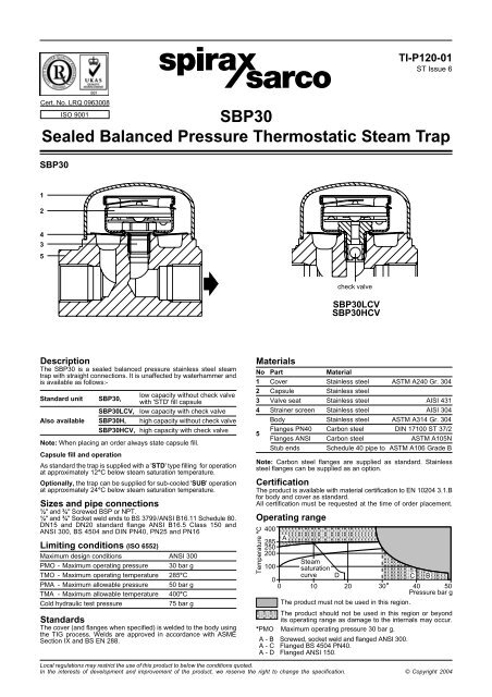 SBP30 Sealed Balanced Pressure Thermostatic ... - Spirax Sarco