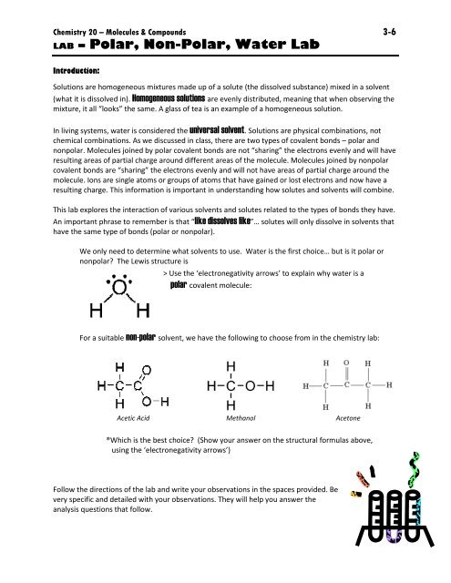 LAB – Polar, Non-Polar, Water Lab