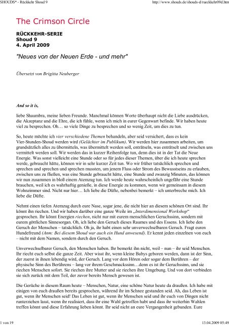 04.04.2009 Tobias: Neues von der Neuen Erde - und mehr - Spiru.de