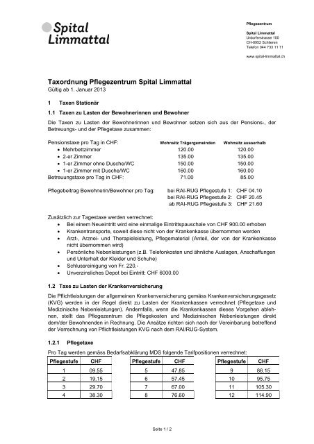 Taxordnung Pflegezentrum Spital Limmattal