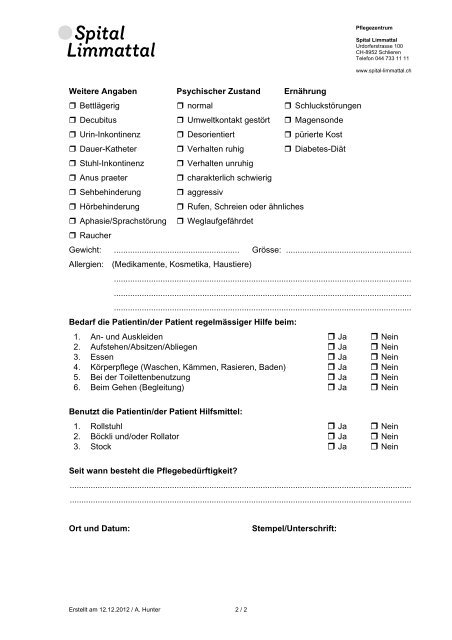 Anmeldeformular PZ - Ärztliches Zeugnis (PDF, 35 ... - Spital Limmattal