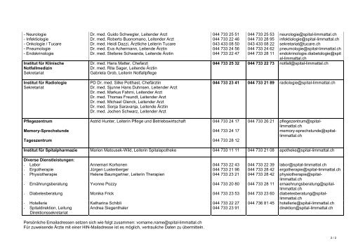 Telefon-, Fax- und Email-Verzeichnis - Spital Limmattal