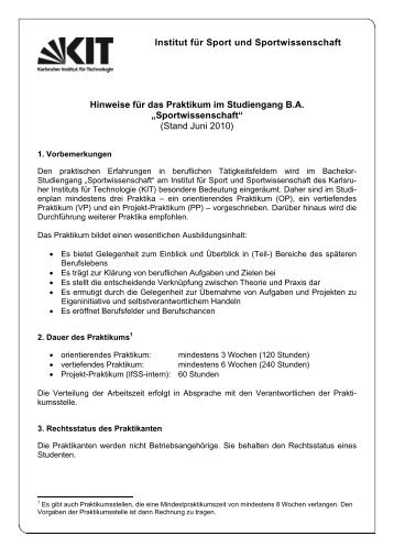 Hinweise zum Praktikum - Institut fÃ¼r Sport und Sportwissenschaft - KIT