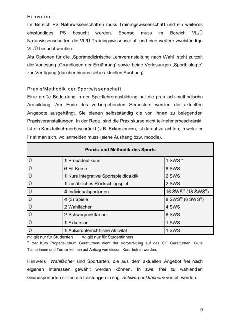 Studium des Fach Sports fÃ¼r das Lehramt an Gymnasien