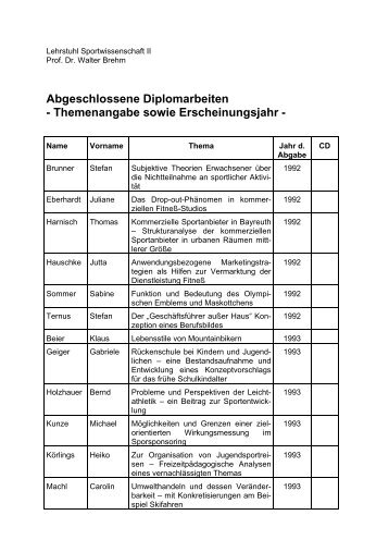 Abgeschlossene Diplomarbeiten - Themenangabe sowie ...