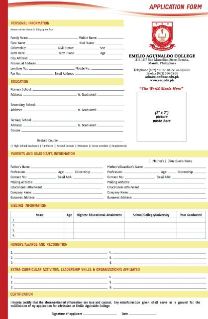 APPLICATION FORM - Emilio Aguinaldo College