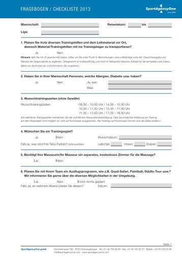 FRAGEBOGEN / CHECKLISTE 2013 - SportAgencyOne gmbh