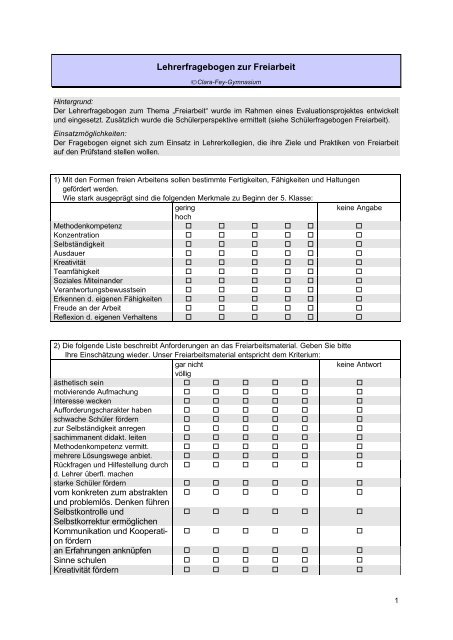 Lehrerfragebogen zur Freiarbeit - Netzwerk Schulentwicklung