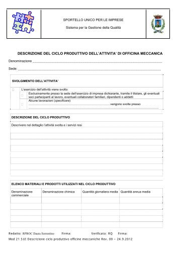 Mod 21 SUI Descrizione ciclo produttivo attivitÃ  officine meccaniche ...
