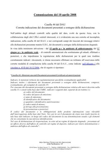 Comunicazione del 10 aprile 2008 - Agenzia delle Dogane