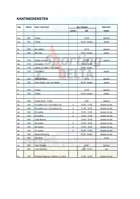 KANTINEDIENSTEN AANKOMEND WEEKEND ... - Sporting Delta