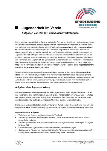 Jugendarbeit im Verein - Aufgaben von Kinder - Sportjugend Hessen