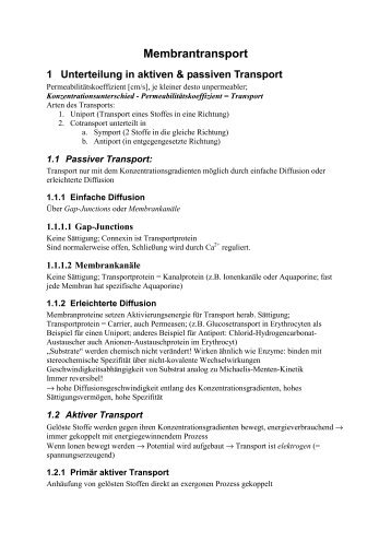 Membrantransport 1 Unterteilung in aktiven & passiven Transport