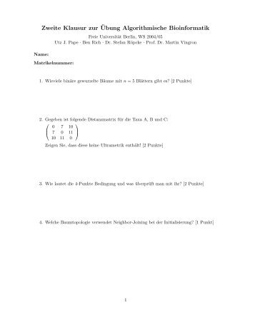 Zweite Klausur zur Â¨Ubung Algorithmische Bioinformatik