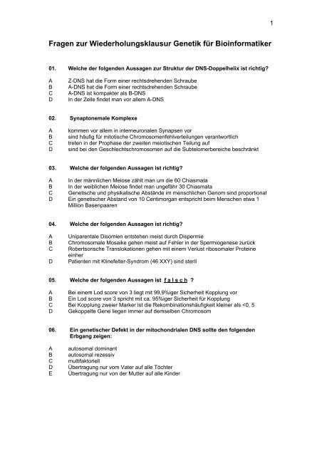 Fragen zur Wiederholungsklausur Genetik fÃ¼r Bioinformatiker