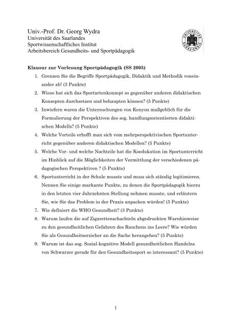 Univ.-Prof. Dr. Georg Wydra - Arbeitsbereich SportpÃ¤dagogik