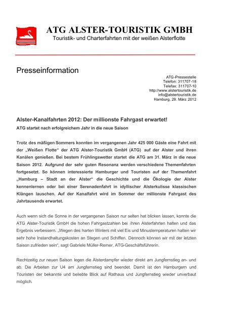 Pressemitteilung (PDF) - Alster-Touristik GmbH Hamburg