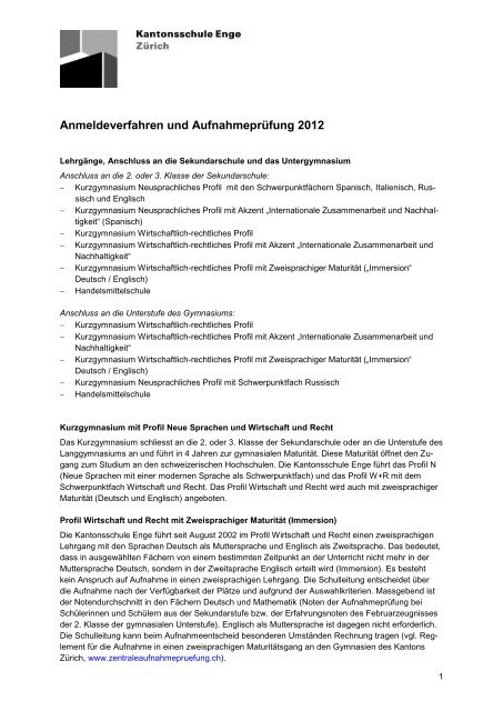 Ausführliche Version Anmeldeverfahren und Aufnahmeprüfung 2012