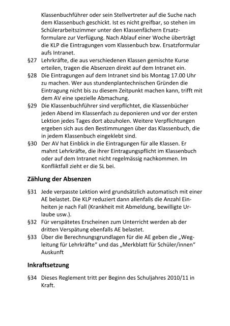 Reglement zum Absenzenkontrollsystem &#40;AKS&#41; - Kantonsschule Enge