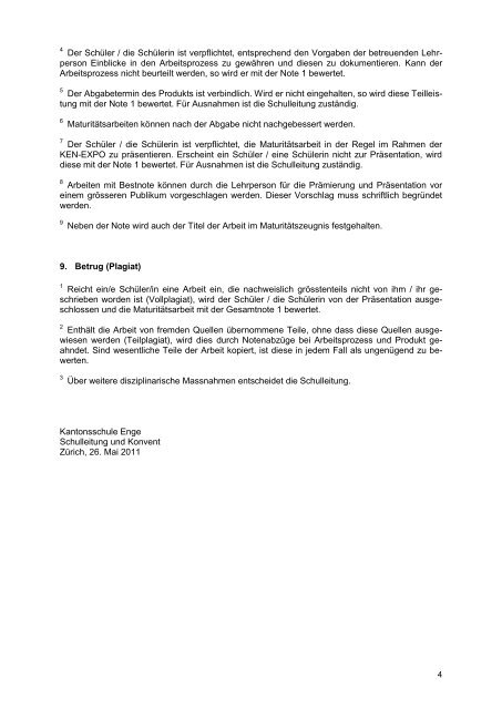Richtlinien für die Maturitätsarbeit an der Kantonsschule Enge