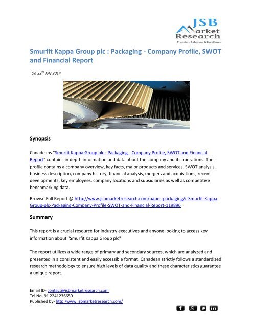 Smurfit Kappa Group plc : Packaging - Company Profile, SWOT and Financial  Report