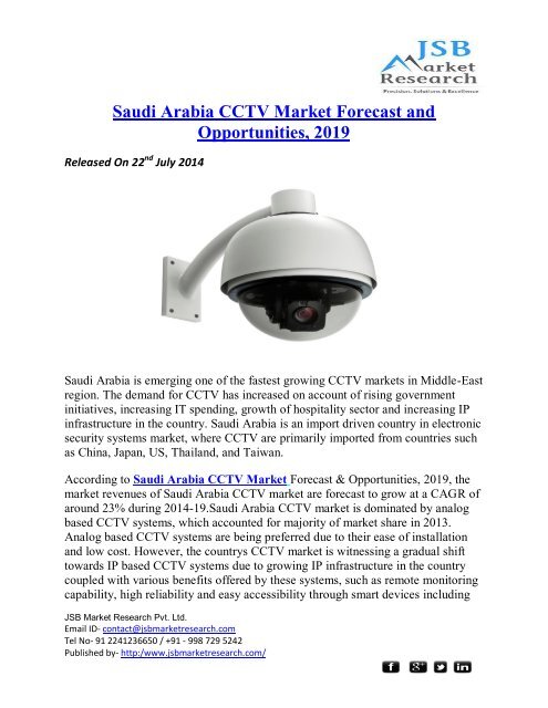 JSB Market Research : Saudi Arabia CCTV Market Forecast and Opportunities, 2019