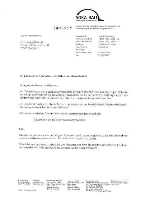 SOKA-BAU Unbedenklichkeitsbescheinigung - Erich Spiegel Gmbh