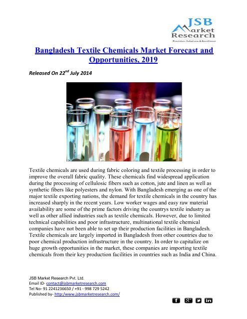 JSB Market Research : Bangladesh Textile Chemicals Market Forecast and Opportunities, 2019