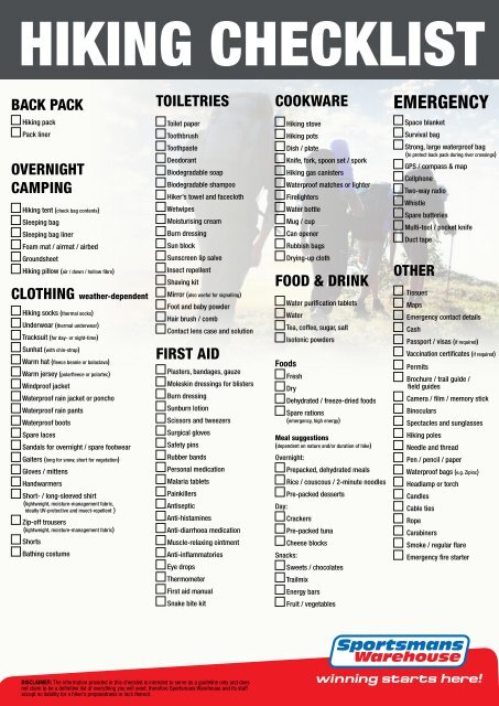 hiking checklist - Hiking Checklist Sportsmans Warehouse