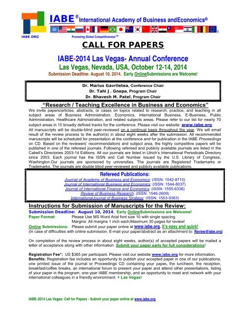 IABE 2014 Las Vegas Fall Conference - Research / Teaching Excellence in Business and Economics