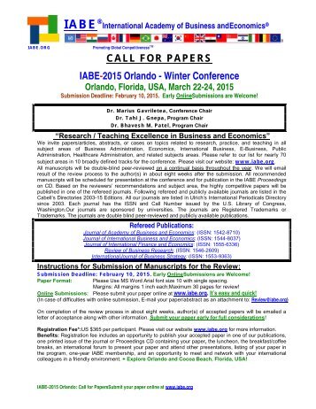 IABE 2015 Orlando Winter Conference - Research/Teaching Excellence in Business and Economics