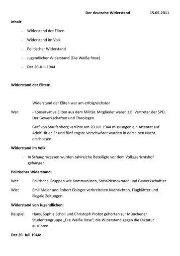 Der deutsche Widerstand 15.05.2011 Inhalt: Widerstand der Eliten ...