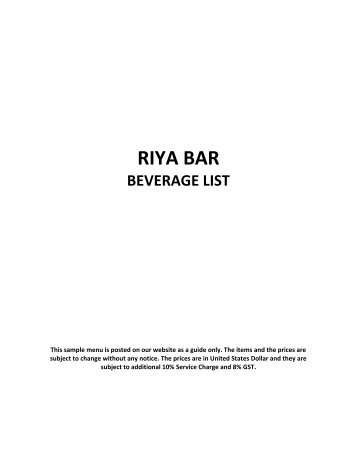 Riya Bar Menu - Reethi Beach Resort