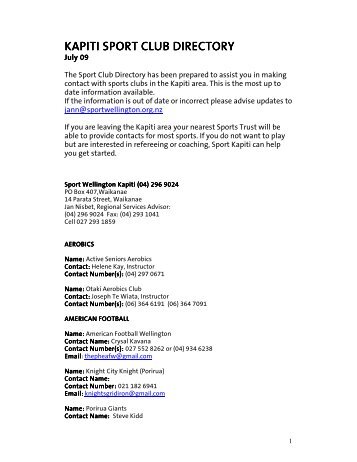 kapiti sport club directory kapiti sport club directory - Sport Wellington