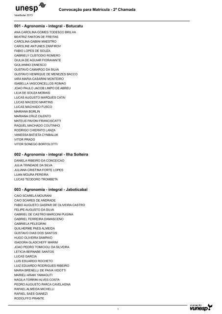 ConvocaÃ§Ã£o para MatrÃ­cula - 2Âª Chamada 001 - Agronomia ... - Unesp