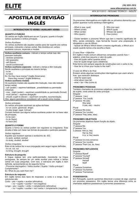 APOSTILA DE REVISÃO INGLÃS - Elite PrÃ©-Vestibular-Campinas