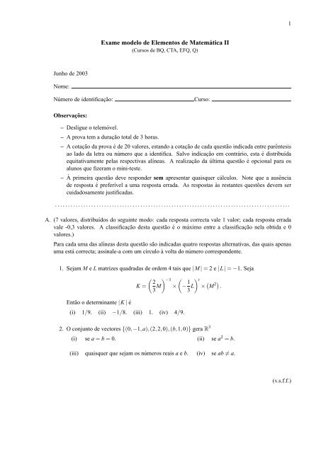 Exame modelo de Elementos de MatemÃ¡tica II - CMUP