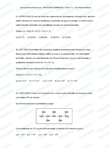 01- (UFRRJ 2004) Os sais de cobre sÃ£o ... - Professor Mazzei