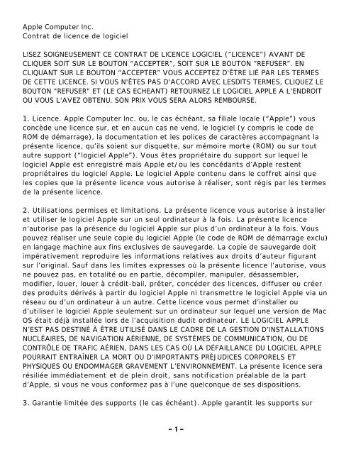 Apple Computer Inc. Contrat de licence de logiciel ... - Apple Store