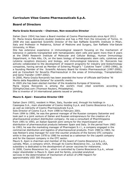 Curriculum Vitae Cosmo Pharmaceuticals S p A Board Of Directors