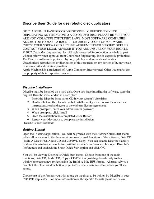 Discribe User Guide for use robotic disc duplicators