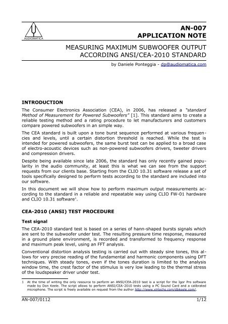 measuring maximum subwoofer output according ansi/cea-2010 ...