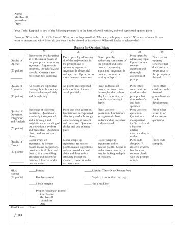 Rubric for Opinion Piece