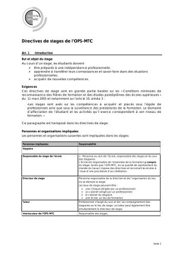 Directives de stages de l'OPS-MTC - SBO-TCM