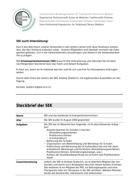 Steckbrief der SEK - SBO-TCM