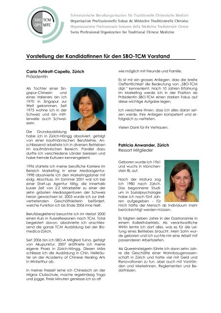 Vorstellung der Kandidatinnen fÃ¼r den SBO-TCM Vorstand