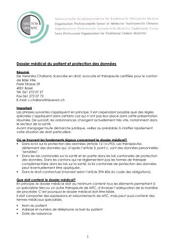 Dossier mÃ©dical du patient et protection des donnÃ©es - SBO-TCM