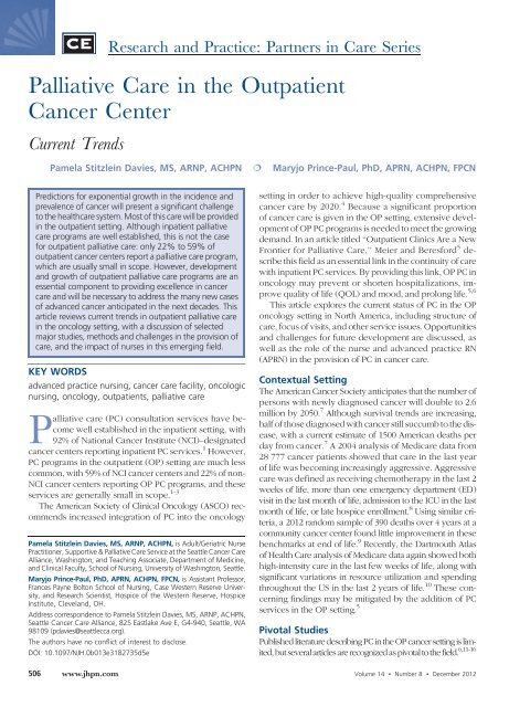 Palliative Care in the Outpatient Cancer Center - Springer Publishing