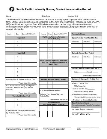 Seattle Pacific University Nursing Student Immunization Record