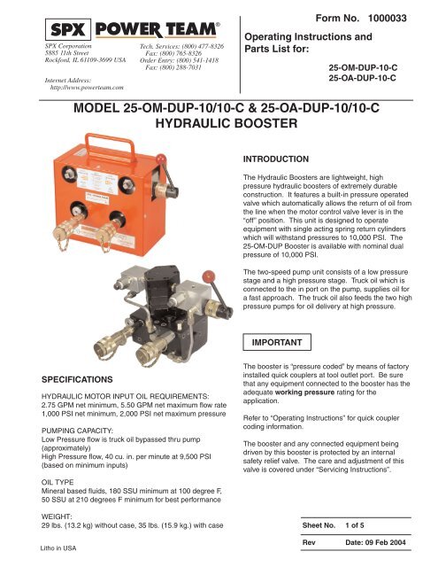 model 25-om-dup-10/10-c & 25-oa-dup-10/10-c hydraulic ... - SPX